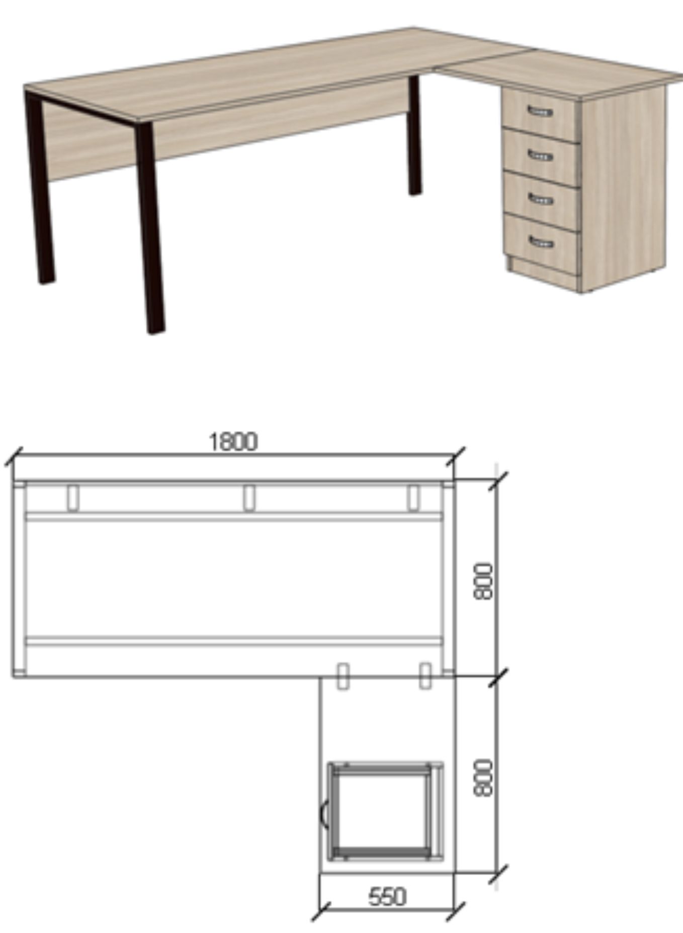 Стіл на металевому каркасі з тумбою (1800x1600х750мм.) Меблі КС